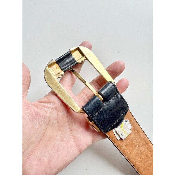 Vintage AQUASCUTUM Navy Blue Leather Large Gold Buckle Waist Belt, Size S - Picture 10 of 16